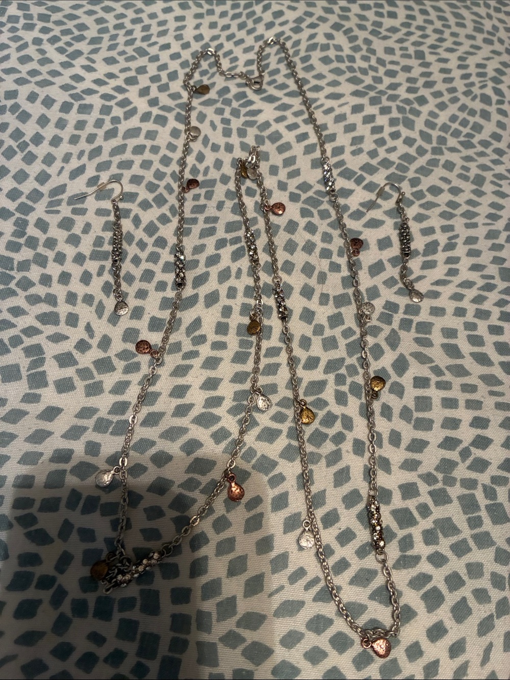 Silver-Tone Multi Charm Necklace and Earring Set - Mixed Metal Accents